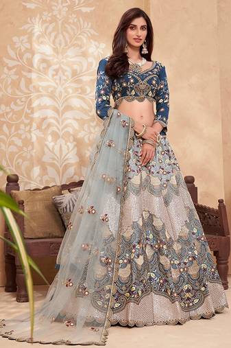 Shaded Blue Silk Lehnega Choli With Duptta Free Size Upto 42