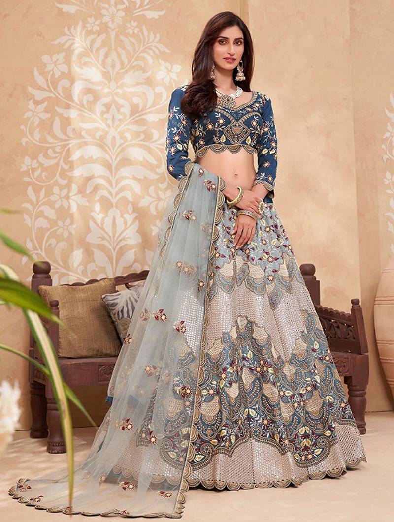 Shaded Blue Silk Lehnega Choli With Duptta Free Size Upto 42