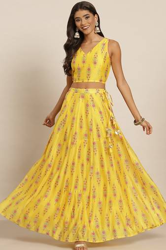 Yellow & Pink Printed Ready To Wear Lehenga & Choli Free Size Upto 42