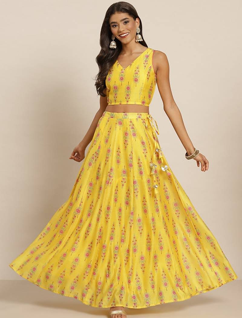Yellow & Pink Printed Ready To Wear Lehenga & Choli Free Size Upto 42