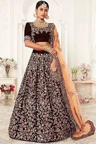 Embroidered Sequinned Semi-Stitched Lehenga & Unstitched Blouse With Dupatta Free Size Upto 42