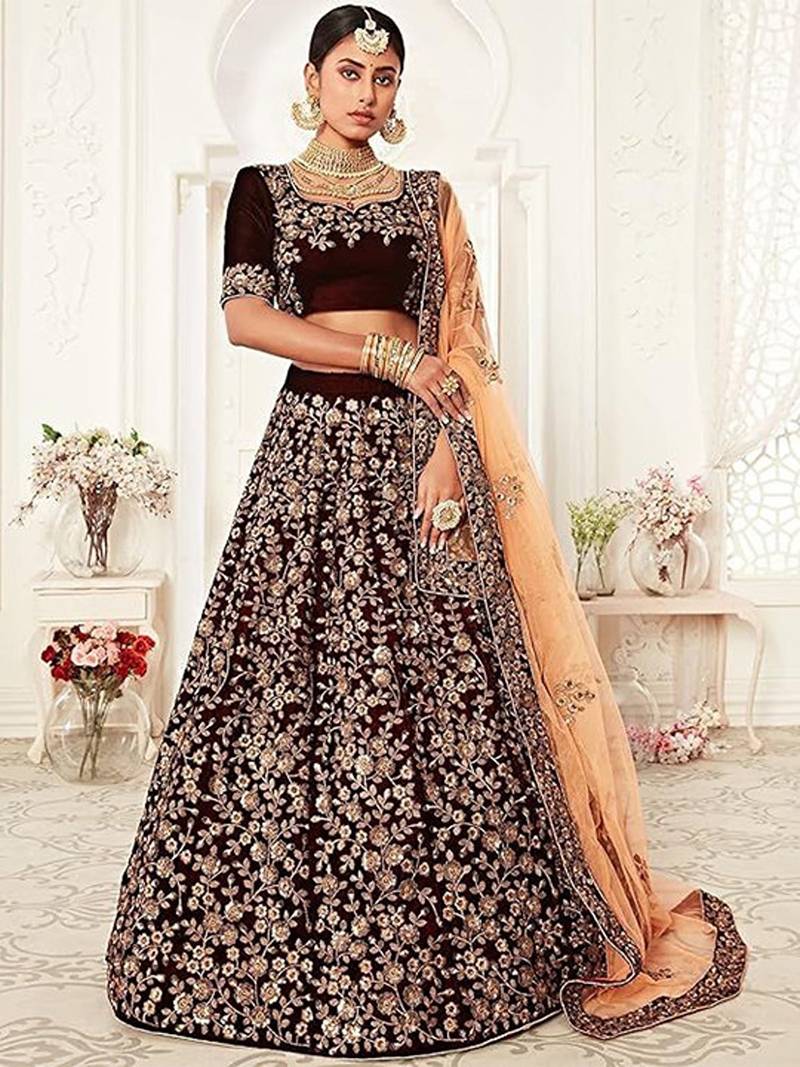 Embroidered Sequinned Semi-Stitched Lehenga & Unstitched Blouse With Dupatta Free Size Upto 42