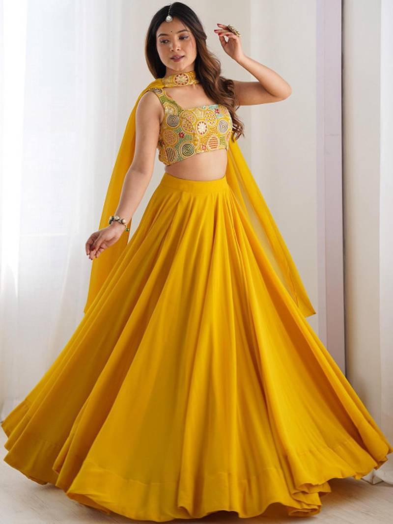 Embroidered Sequinned Ready To Wear Lehenga & Blouse With Dupatta Free Size Upto 42