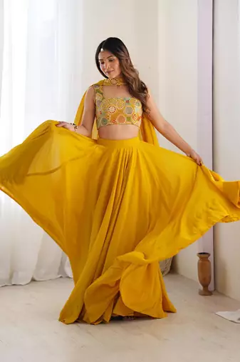 Embroidered Sequinned Ready To Wear Lehenga & Blouse With Dupatta Free Size Upto 42