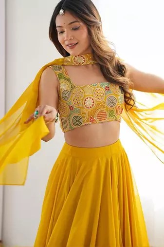 Embroidered Sequinned Ready To Wear Lehenga & Blouse With Dupatta Free Size Upto 42