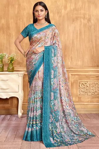 Blue peach floral printed crepe silk saree with unstitch blouse