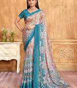 Blue peach floral printed crepe silk saree with unstitch blouse