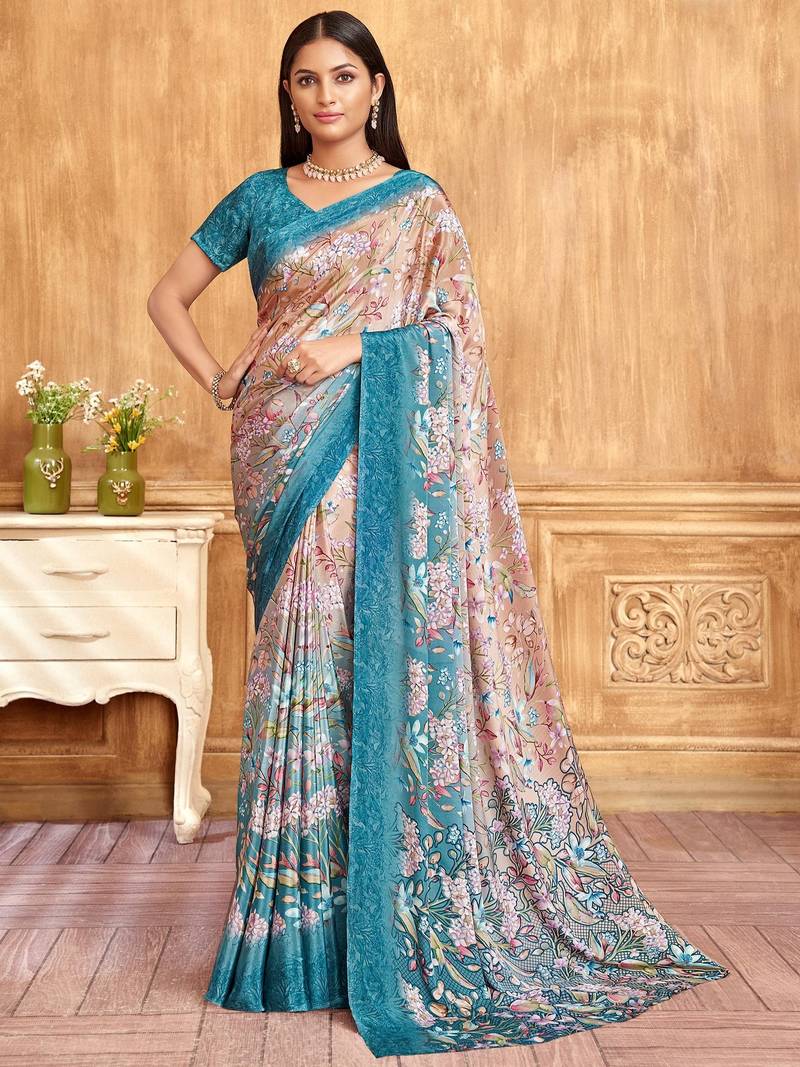 Blue peach floral printed crepe silk saree with unstitch blouse
