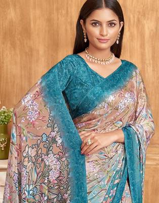 Blue peach floral printed crepe silk saree with unstitch blouse 2