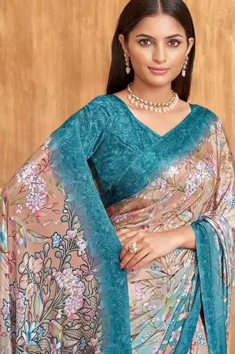 Blue peach floral printed crepe silk saree with unstitch blouse