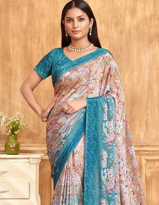 Blue peach floral printed crepe silk saree with unstitch blouse 3