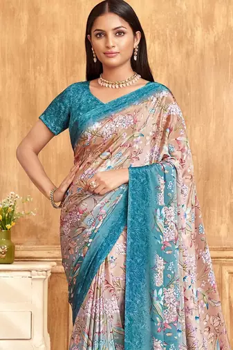 Blue peach floral printed crepe silk saree with unstitch blouse