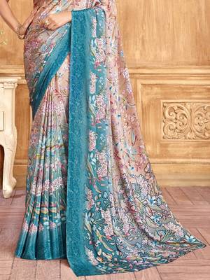 Blue peach floral printed crepe silk saree with unstitch blouse 4