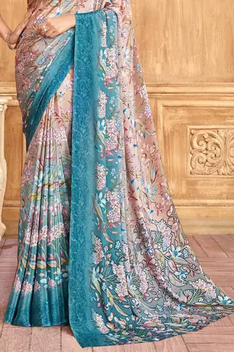 Blue peach floral printed crepe silk saree with unstitch blouse