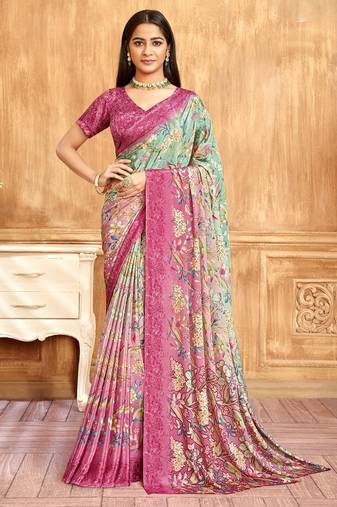 Pink green floral printed crepe silk saree with unstitch blouse
