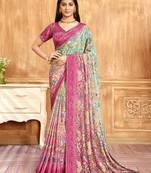 Pink green floral printed crepe silk saree with unstitch blouse