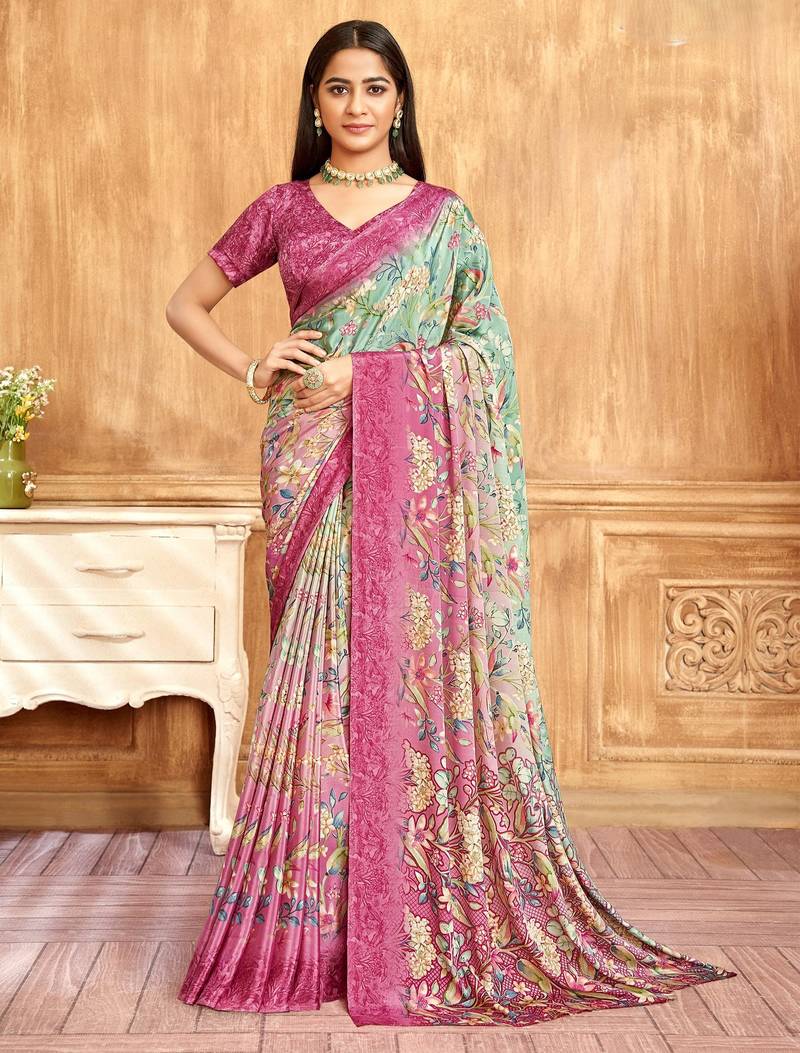 Pink green floral printed crepe silk saree with unstitch blouse