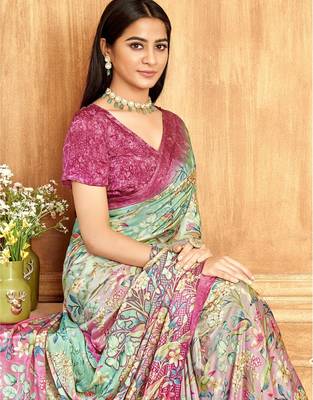 Pink green floral printed crepe silk saree with unstitch blouse 2