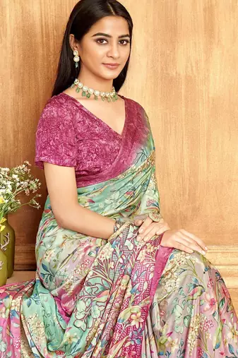 Pink green floral printed crepe silk saree with unstitch blouse