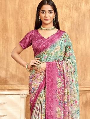 Pink green floral printed crepe silk saree with unstitch blouse 3