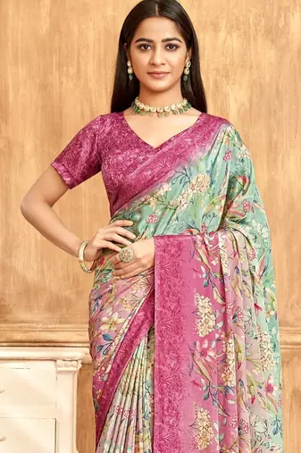 Pink green floral printed crepe silk saree with unstitch blouse