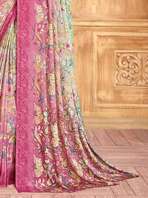 Pink green floral printed crepe silk saree with unstitch blouse 4