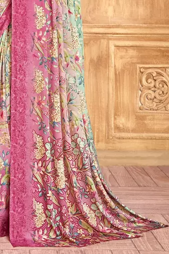 Pink green floral printed crepe silk saree with unstitch blouse