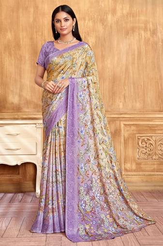 Purple cream floral printed crepe silk saree with unstitch blouse