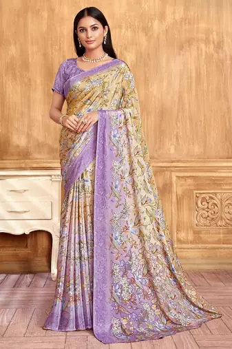 Purple cream floral printed crepe silk saree with unstitch blouse