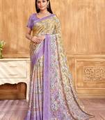 Purple cream floral printed crepe silk saree with unstitch blouse