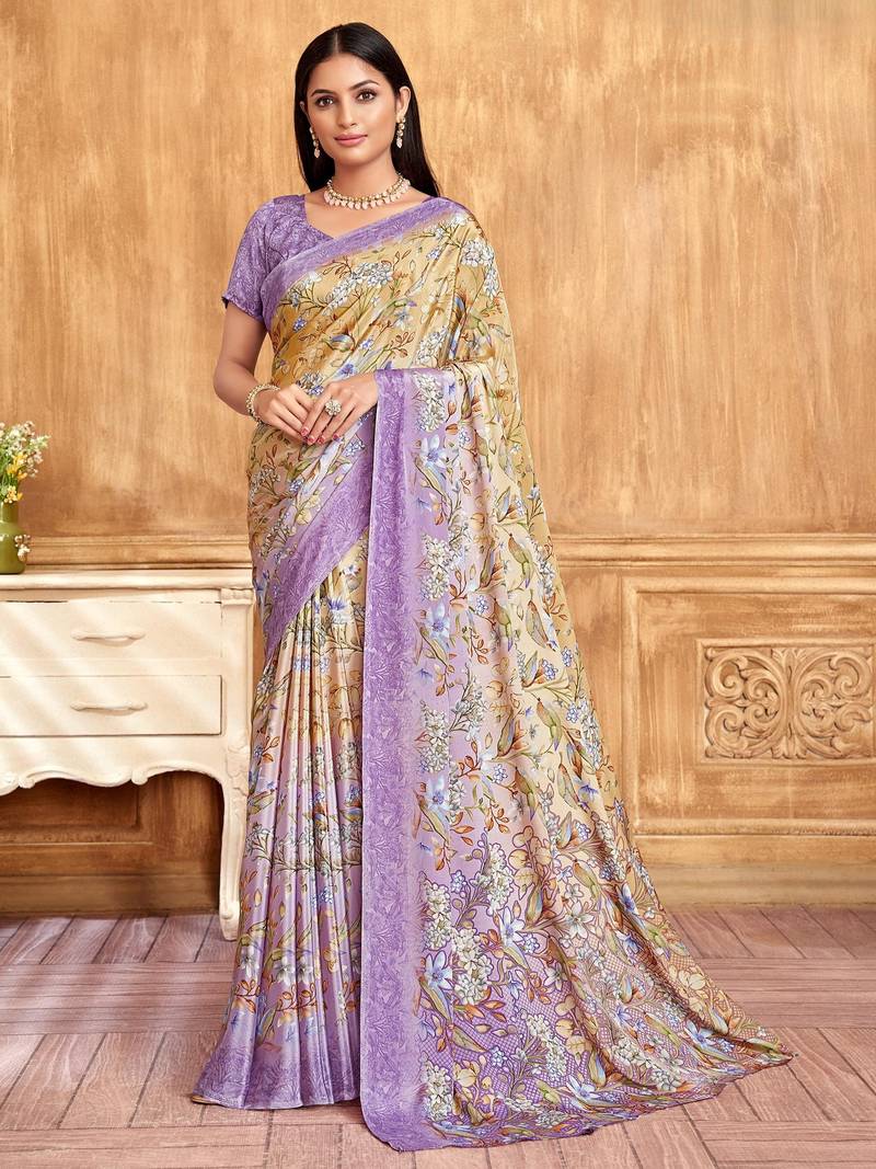Purple cream floral printed crepe silk saree with unstitch blouse