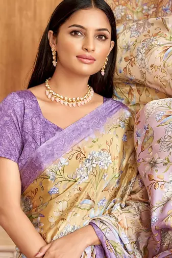 Purple cream floral printed crepe silk saree with unstitch blouse