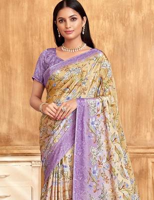 Purple cream floral printed crepe silk saree with unstitch blouse 3