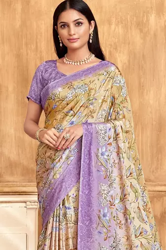 Purple cream floral printed crepe silk saree with unstitch blouse