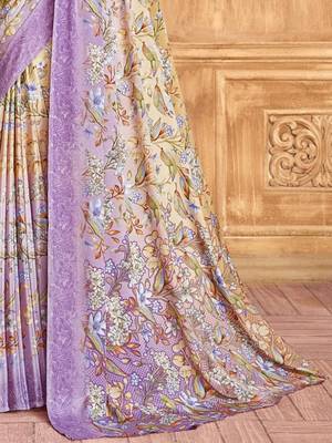 Purple cream floral printed crepe silk saree with unstitch blouse 4