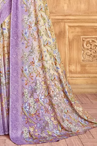 Purple cream floral printed crepe silk saree with unstitch blouse