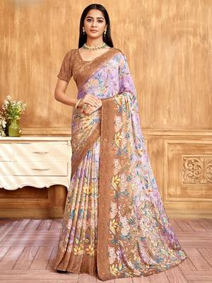 Brown purple floral printed crepe silk saree with unstitch blouse 1