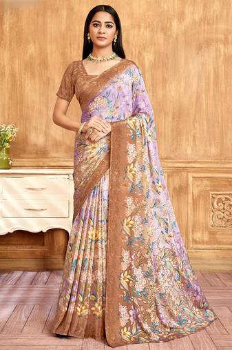 Brown purple floral printed crepe silk saree with unstitch blouse
