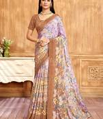 Brown purple floral printed crepe silk saree with unstitch blouse