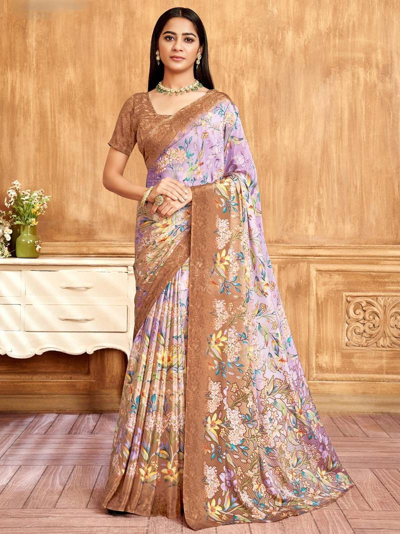Brown purple floral printed crepe silk saree with unstitch blouse