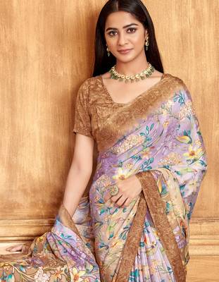Brown purple floral printed crepe silk saree with unstitch blouse 2