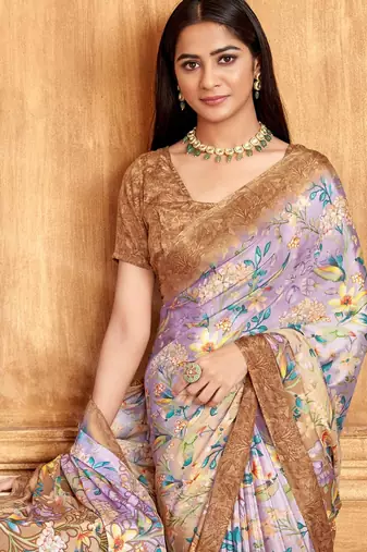 Brown purple floral printed crepe silk saree with unstitch blouse