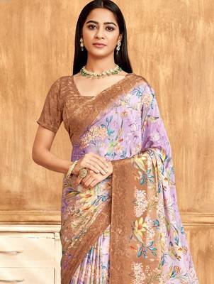 Brown purple floral printed crepe silk saree with unstitch blouse 3