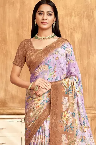Brown purple floral printed crepe silk saree with unstitch blouse
