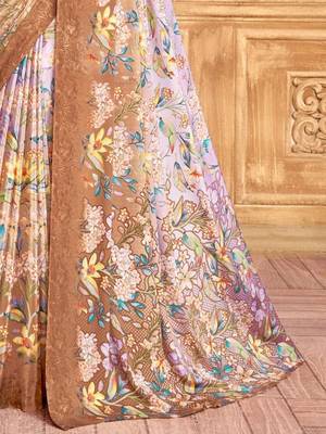 Brown purple floral printed crepe silk saree with unstitch blouse 4
