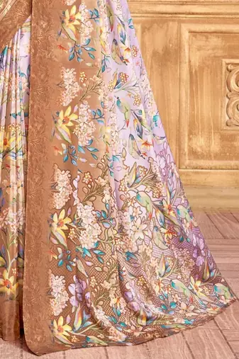 Brown purple floral printed crepe silk saree with unstitch blouse