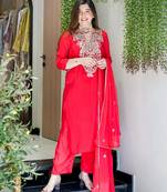 Rani pink viscose shimmer silk sequin v-neck kurta set with embroidered organza dupatta