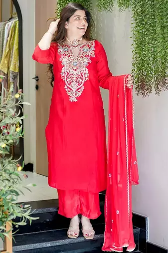 Rani pink viscose shimmer silk sequin v-neck kurta set with embroidered organza dupatta