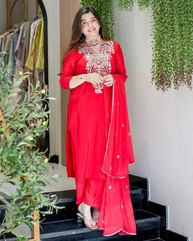 Rani pink viscose shimmer silk sequin v-neck kurta set with embroidered organza dupatta