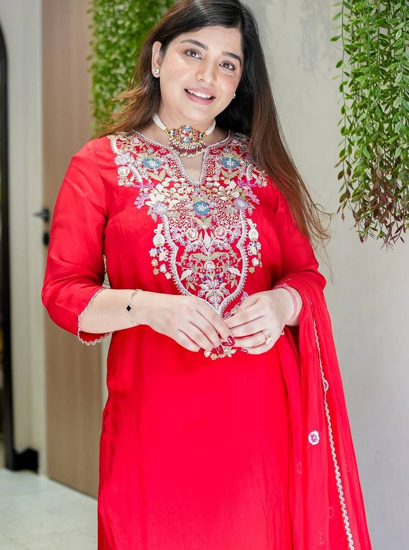 Rani pink viscose shimmer silk sequin v-neck kurta set with embroidered organza dupatta